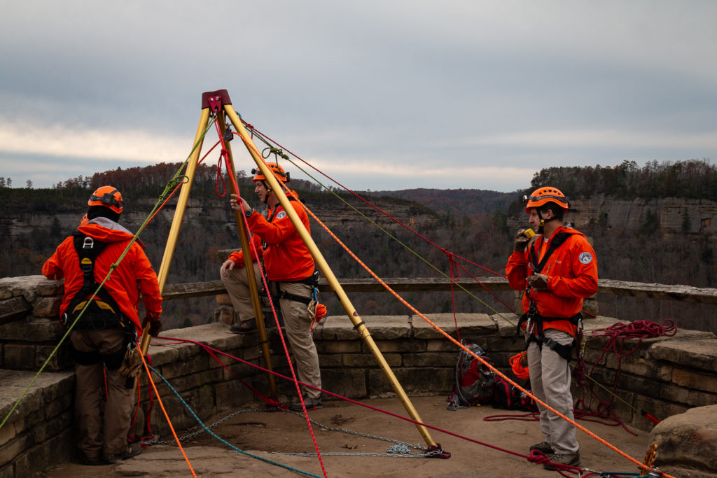 The Wolfe County Search and Rescue Team training on Chimney Rock in Red River Gorge.